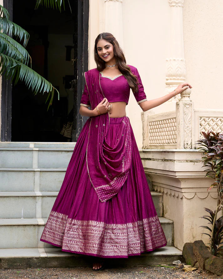 PURE CHANDERI ZARI WEAVING LEHENGA CHOLI WITH SEQUINS EMBROIDERED DUPATTA(WD95) (07)
