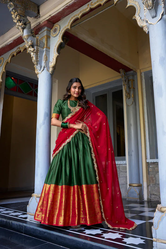 NARAYAN PATTU LEHENGA CHOLI WITH GEORGETTE EMBROIDERED DUPATTA(WD97)(01)