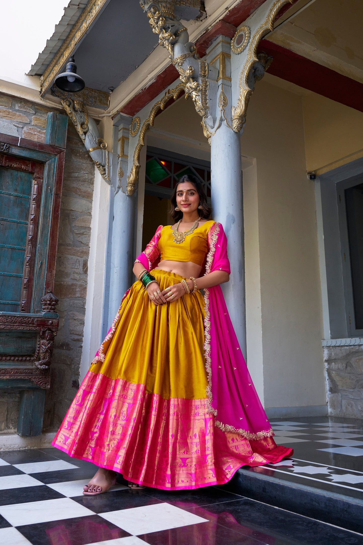 NARAYAN PATTU LEHENGA CHOLI WITH GEORGETTE EMBROIDERED DUPATTA (WDN83)
