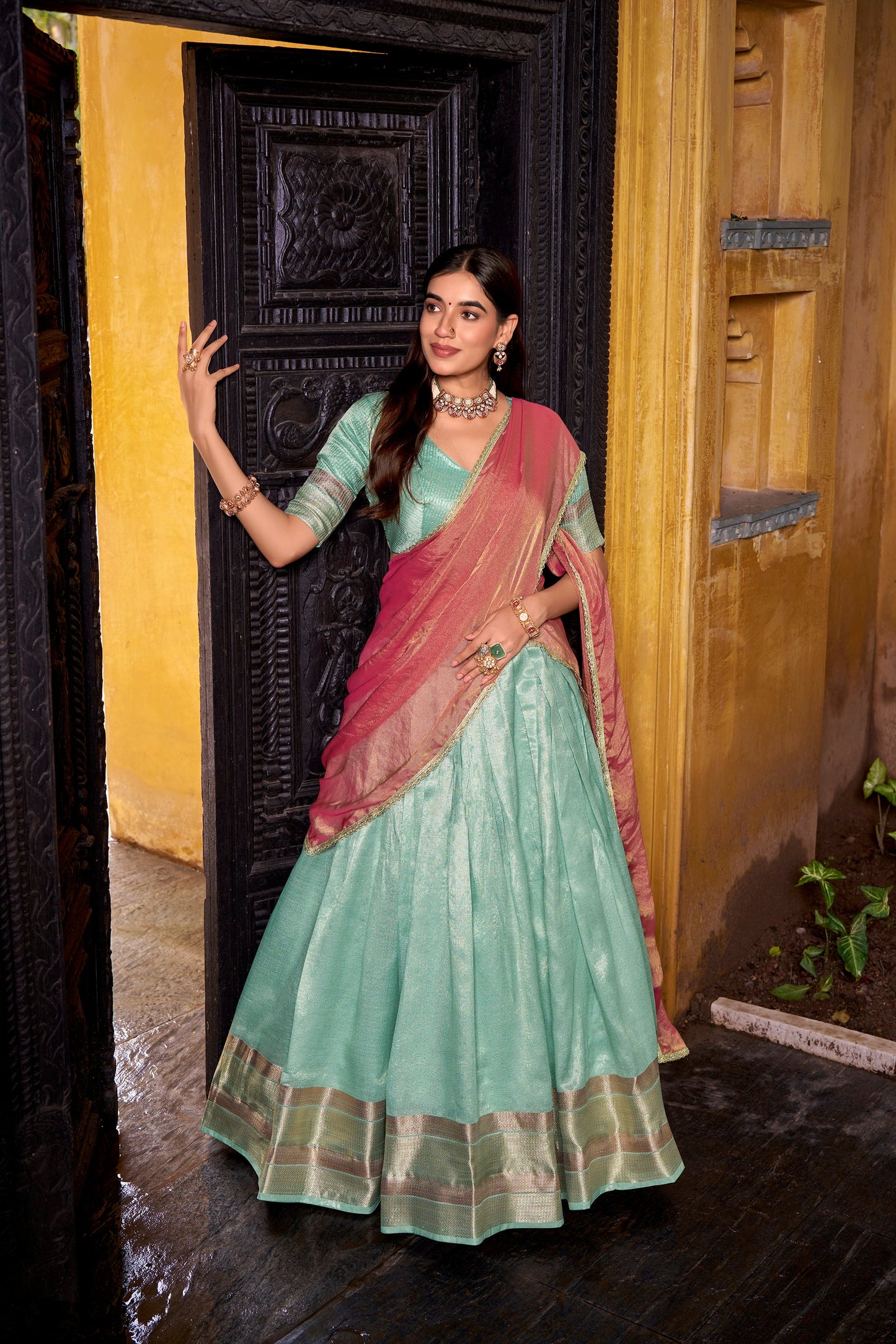 TILTON DUPION SILK ZARI WEAVING LEHENGA CHOLI WITH SHIMMER DUPATTA