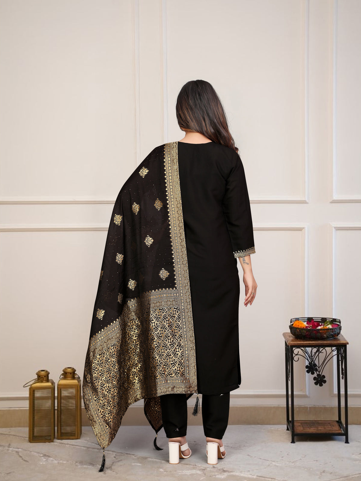 Elegant Black Suit with Antique Golden Embroidery & Royal Dupatta ✨🖤 (KY02)