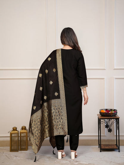Elegant Black Suit with Antique Golden Embroidery & Royal Dupatta ✨🖤 (KY02)