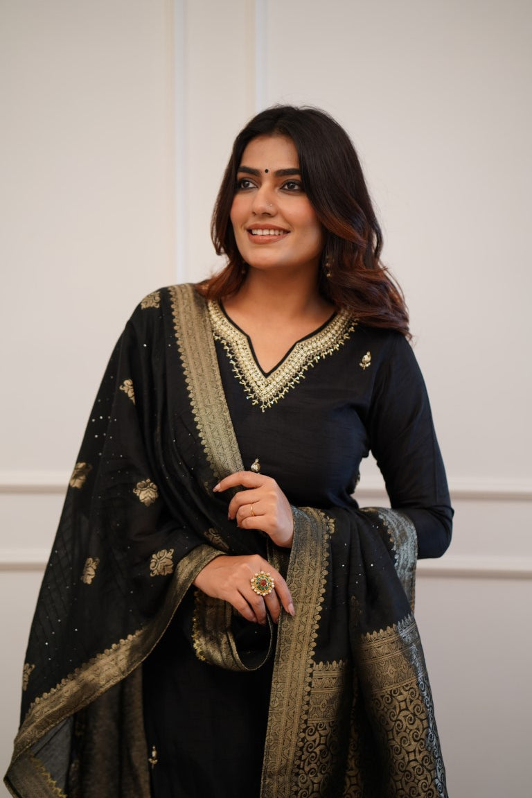 Elegant Black Suit with Antique Golden Embroidery & Royal Dupatta ✨🖤 (KY02)