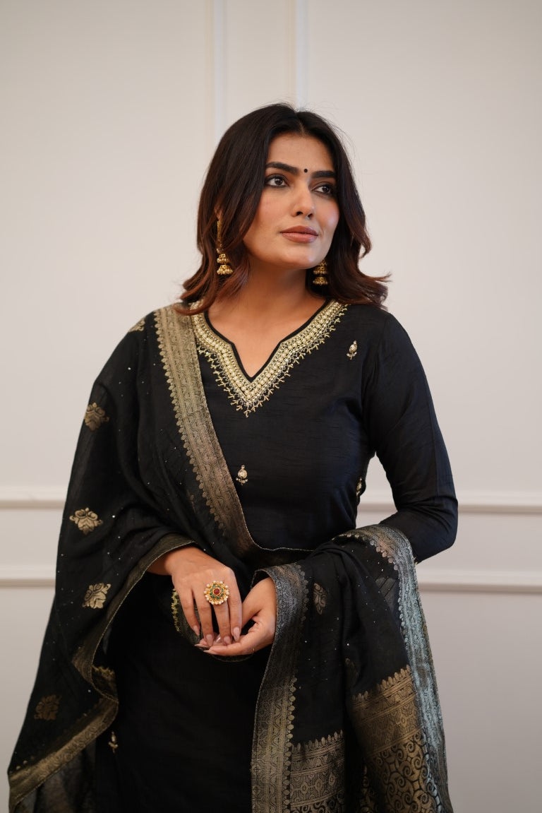 Elegant Black Suit with Antique Golden Embroidery & Royal Dupatta ✨🖤 (KY02)