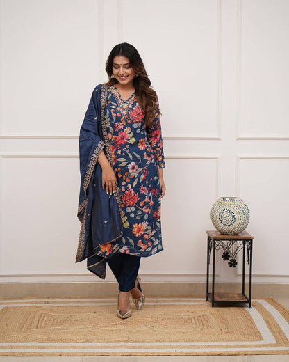 Kurta with hand with Embroidery work detailing on women's printed cotton kurta pant or dupatta set(NFRD469) (01)