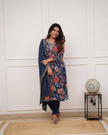 Kurta with hand with Embroidery work detailing on women's printed cotton kurta pant or dupatta set(NFRD469) (01)