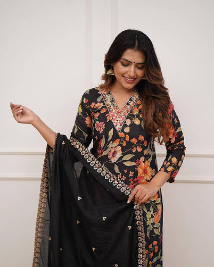 Kurta with hand with Embroidery work detailing on women's printed cotton kurta pant or dupatta set(NFRD469)