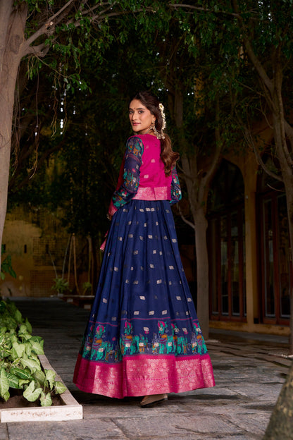 KALAMKARI PRINTED POLY COTTON ZARI WEAVING GOWN WITH KOTI (WDN78) 01