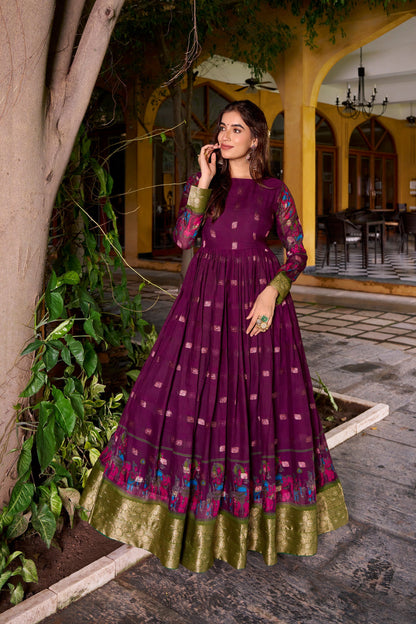 KALAMKARI PRINTED POLY COTTON ZARI WEAVING GOWN WITH KOTI (WDN78) 02