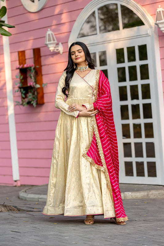FESTIVAL SPECIAL JEQUARD BUTTI GOWN WITH CHINON BANDHANI PRINT DUPATTA(WD94)