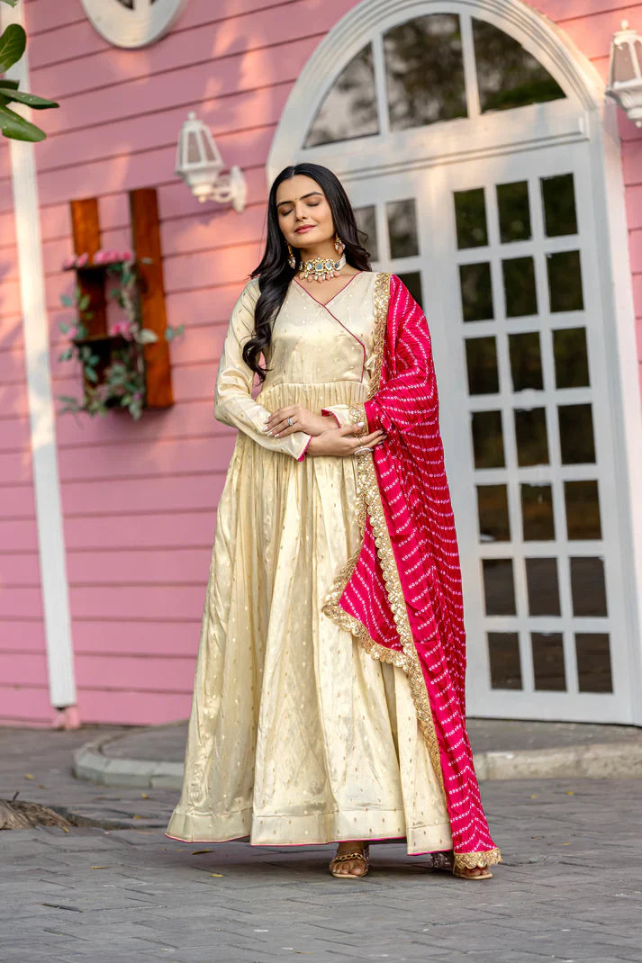 FESTIVAL SPECIAL JEQUARD BUTTI GOWN WITH CHINON BANDHANI PRINT DUPATTA(WD94)