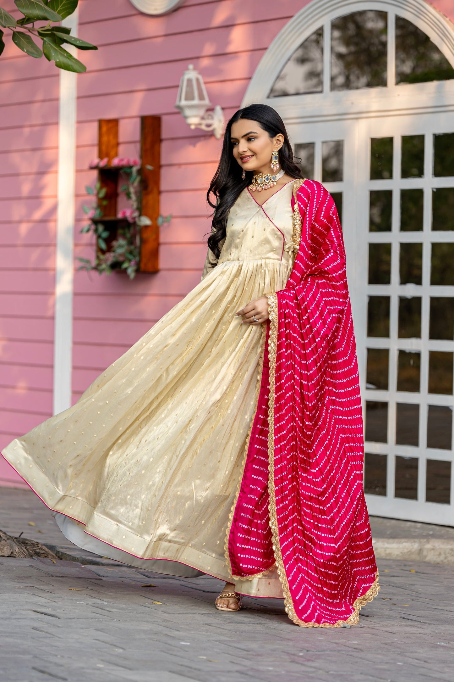 FESTIVAL SPECIAL JEQUARD BUTTI GOWN WITH CHINON BANDHANI PRINT DUPATTA (WDN13)
