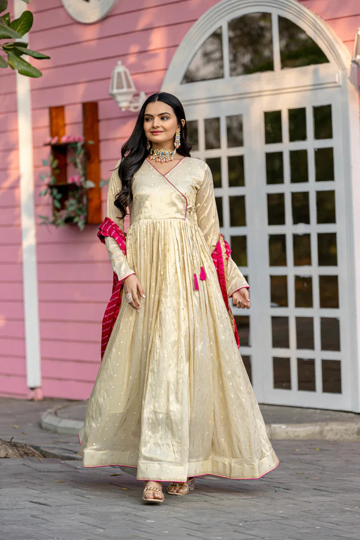 FESTIVAL SPECIAL JEQUARD BUTTI GOWN WITH CHINON BANDHANI PRINT DUPATTA(WD94)