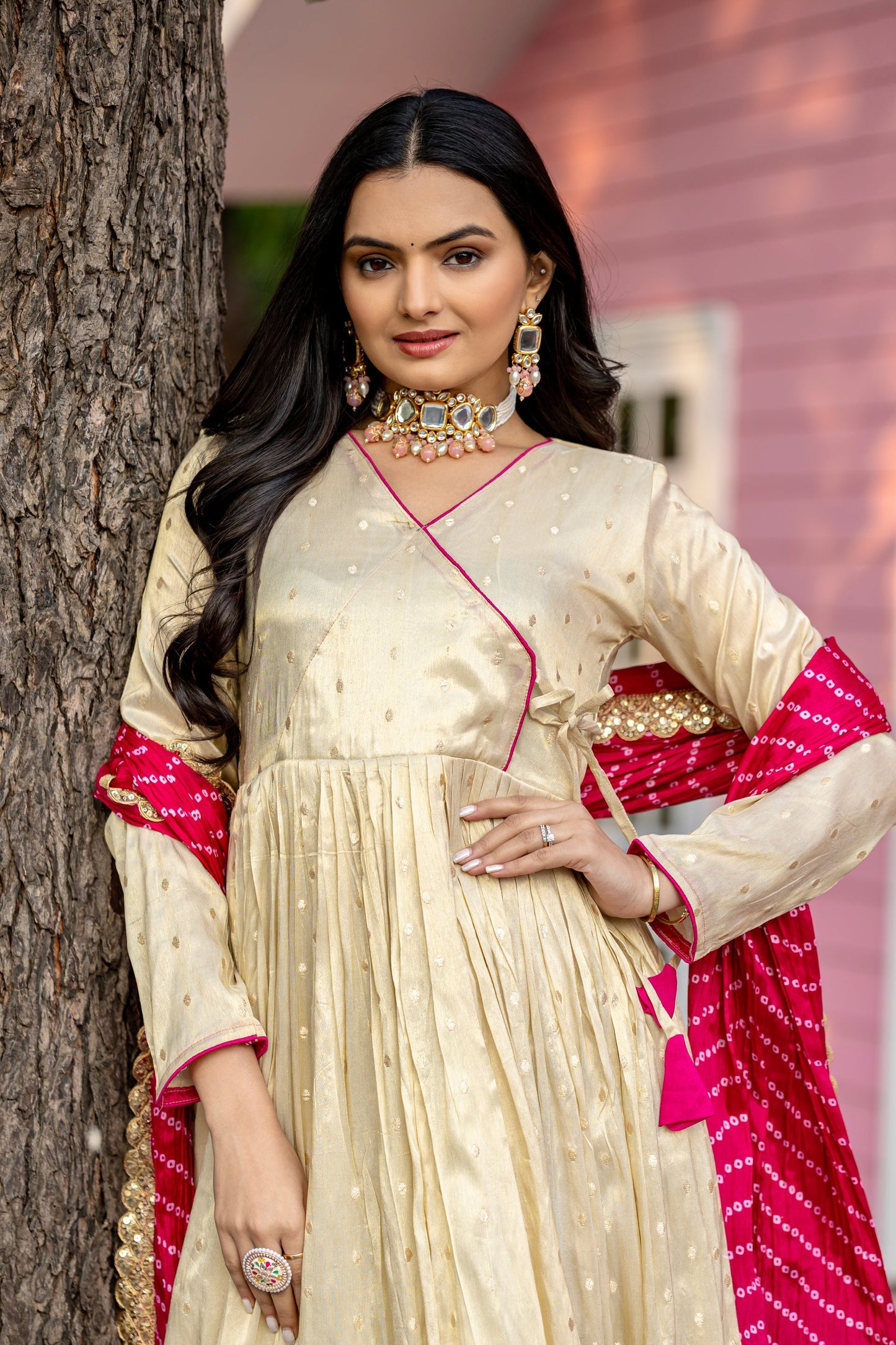 FESTIVAL SPECIAL JEQUARD BUTTI GOWN WITH CHINON BANDHANI PRINT DUPATTA (WDN13)