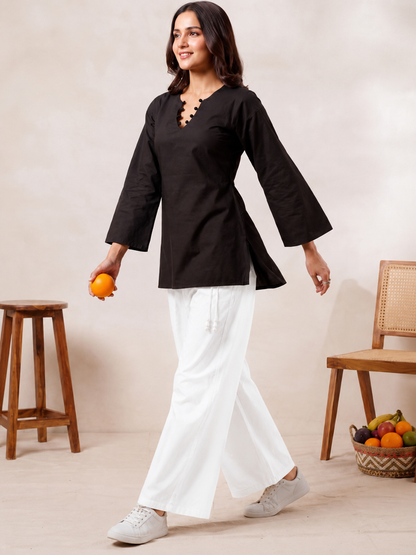 ✨ Chic V-Neck Top with Unique Button Detailing & Flared Sleeves 🌸(CJ07)