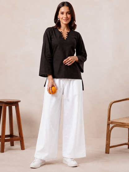 ✨ Chic V-Neck Top with Unique Button Detailing & Flared Sleeves 🌸(CJ07)