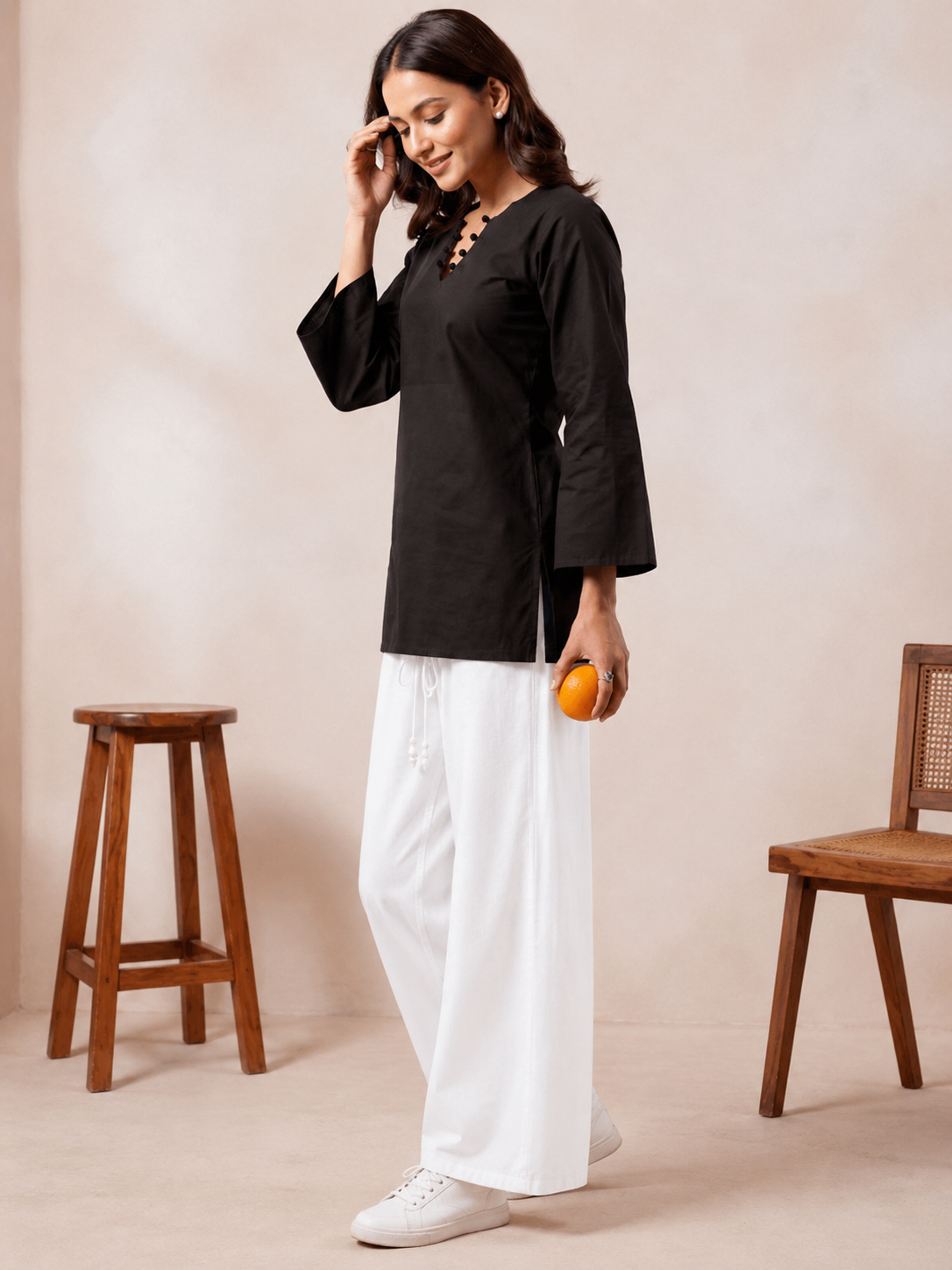 ✨ Chic V-Neck Top with Unique Button Detailing & Flared Sleeves 🌸(CJ07)