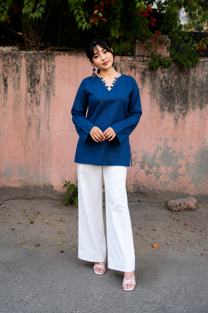 ✨ Chic V-Neck Top with Unique Button Detailing & Flared Sleeves 🌸(CJ07)