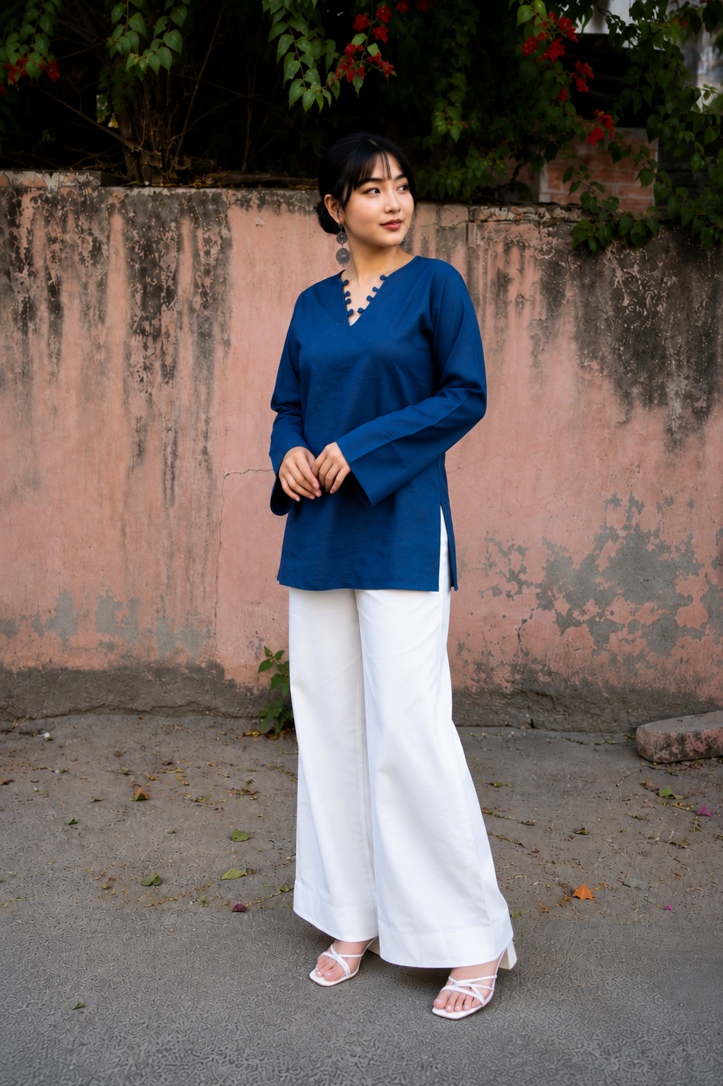 ✨ Chic V-Neck Top with Unique Button Detailing & Flared Sleeves 🌸(CJ07)