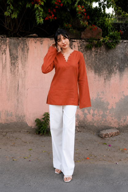 ✨ Chic V-Neck Top with Unique Button Detailing & Flared Sleeves 🌸(CJ07)