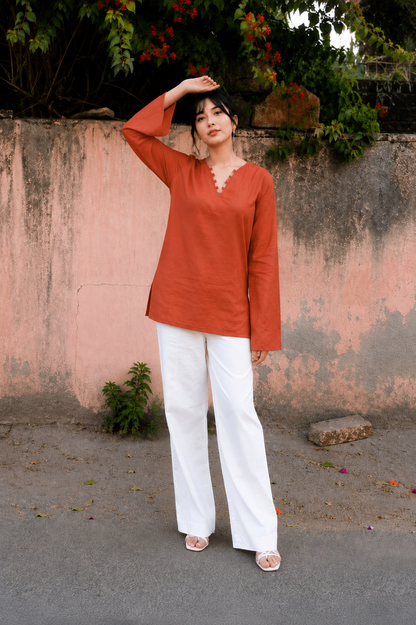 ✨ Chic V-Neck Top with Unique Button Detailing & Flared Sleeves 🌸(CJ07)