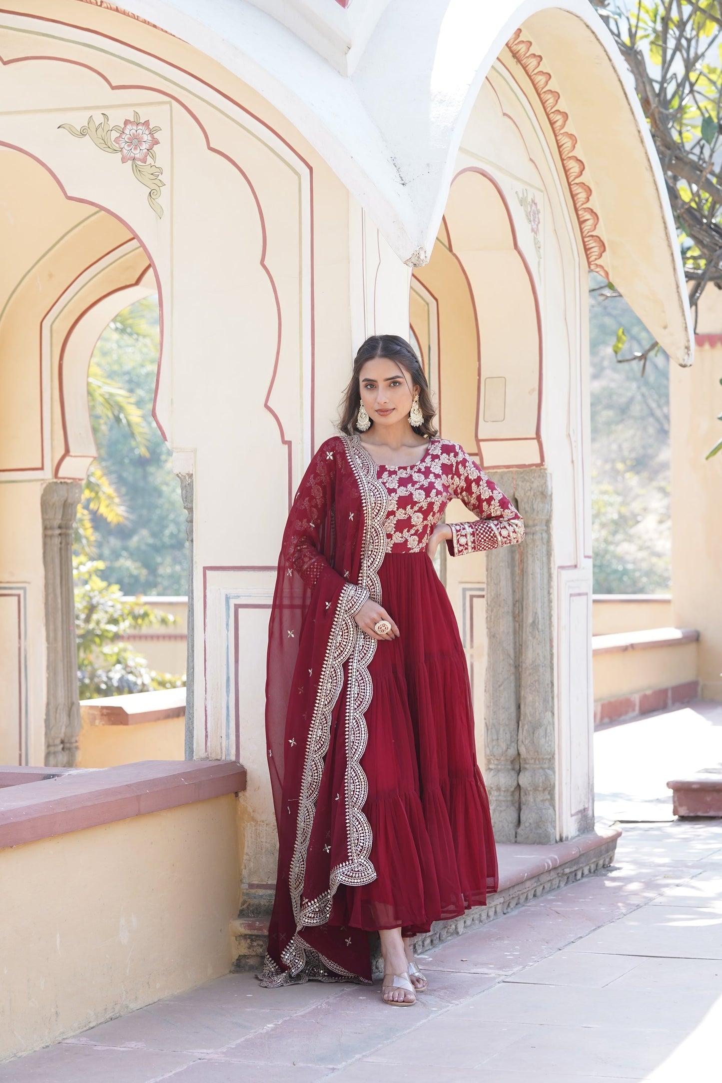 Faux Blooming gown with Viscose Dyable Jacquard With Sequins Embroidered Work Faux Blooming Dupatta (WDN27) 02