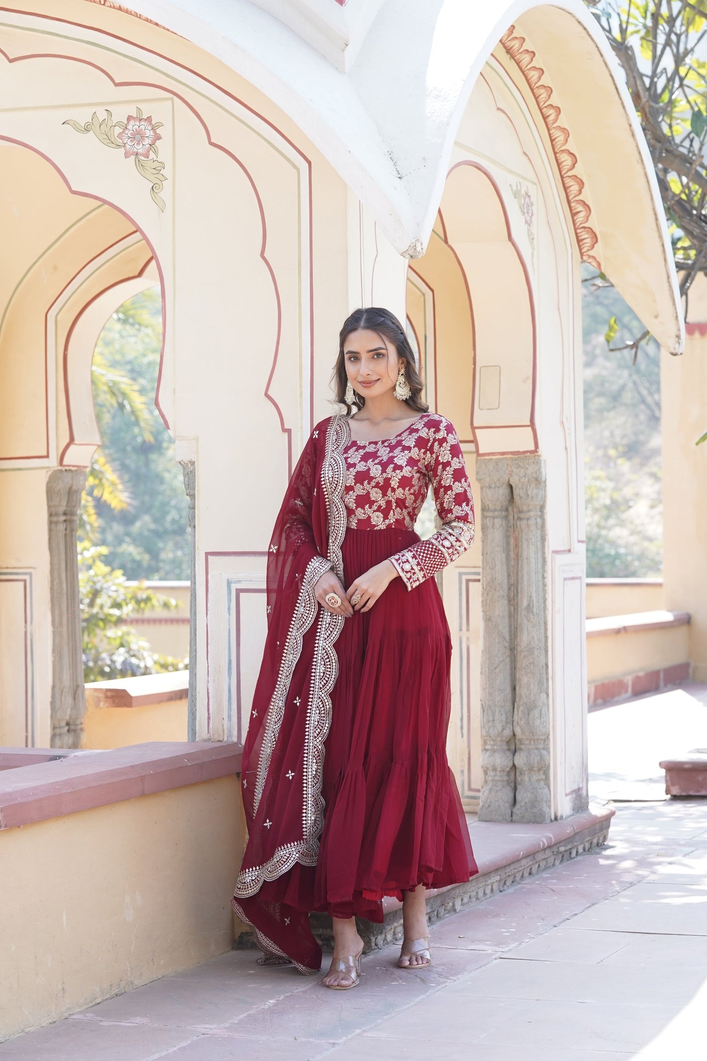 Faux Blooming gown with Viscose Dyable Jacquard With Sequins Embroidered Work Faux Blooming Dupatta (WDN27) 02