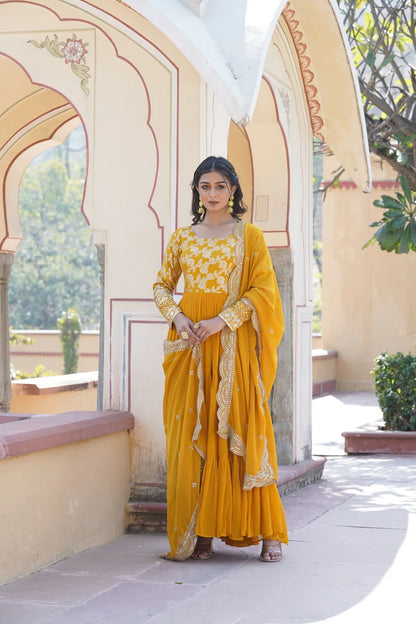 Faux Blooming gown with Viscose Dyable Jacquard With Sequins Embroidered Work Faux Blooming Dupatta(WD38) (01)
