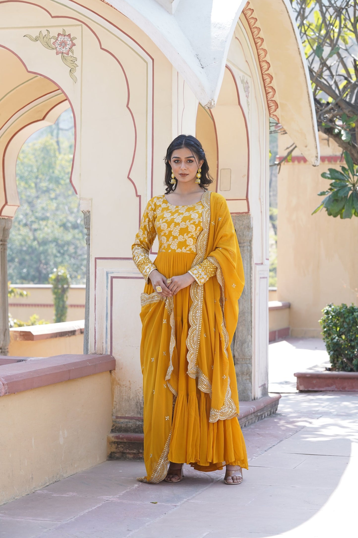 Faux Blooming gown with Viscose Dyable Jacquard With Sequins Embroidered Work Faux Blooming Dupatta (WDN27) 01