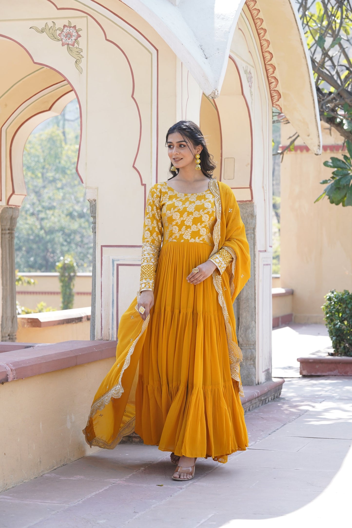 Faux Blooming gown with Viscose Dyable Jacquard With Sequins Embroidered Work Faux Blooming Dupatta (WDN27) 01