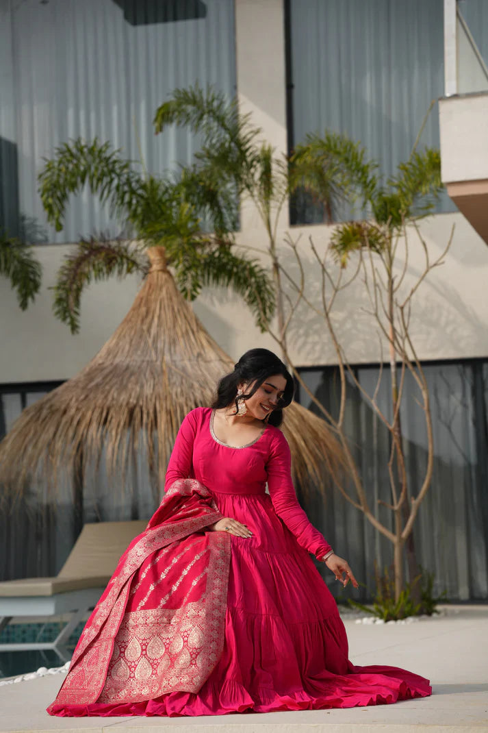 WEDDING SPECIAL MICROCRAPE GOWN WITH JAQUARD DUPATTA(WD111)