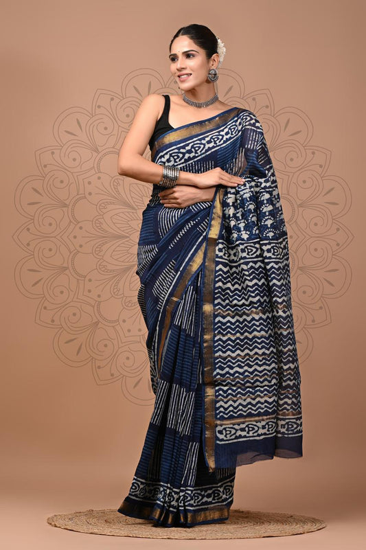 Exclusive Hand Block Printed Maheshwari Silk Saree (SWSRMAH0100)