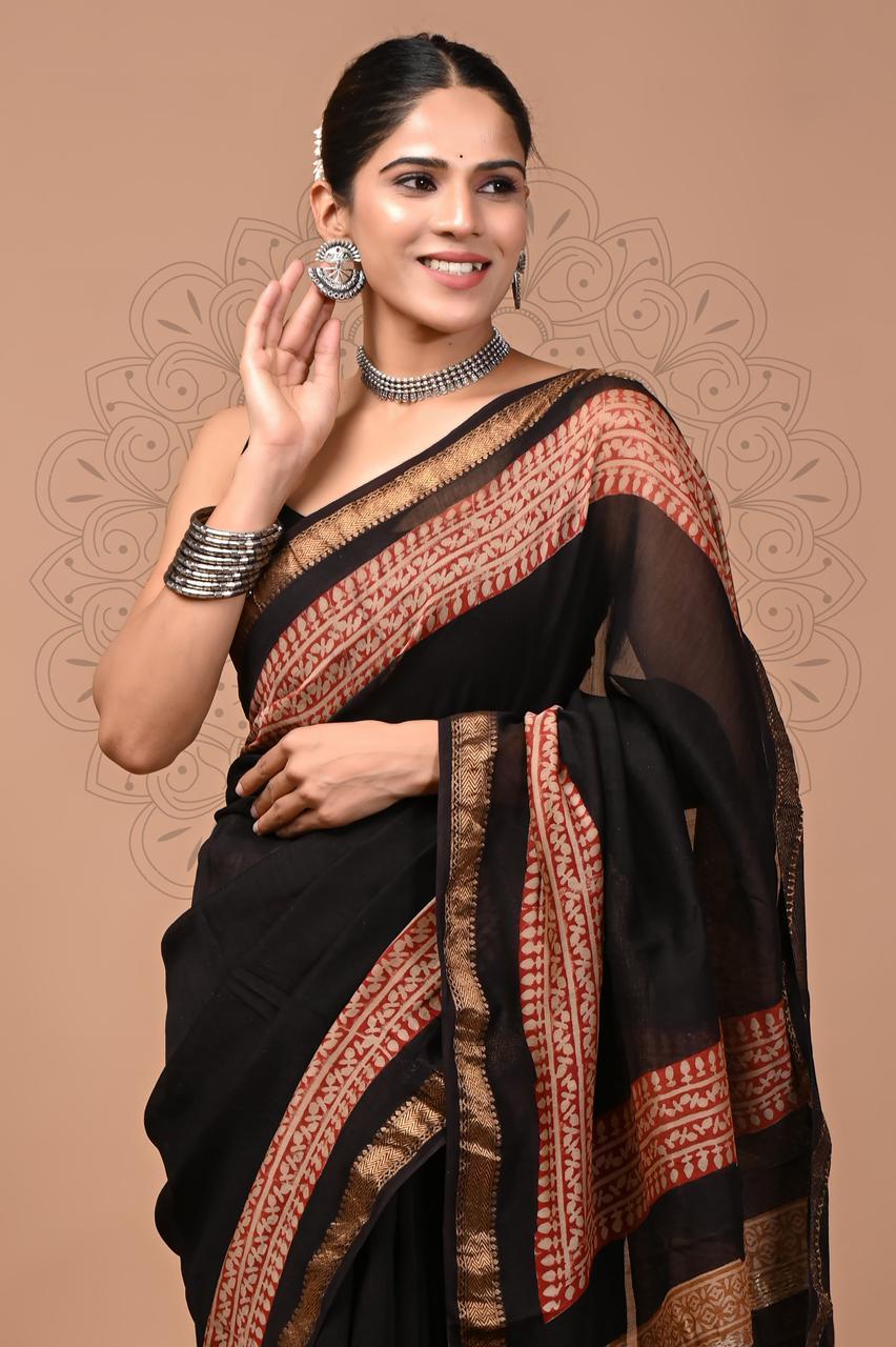 Exclusive Hand Block Printed Maheshwari Silk Saree (SWSRMAH01)