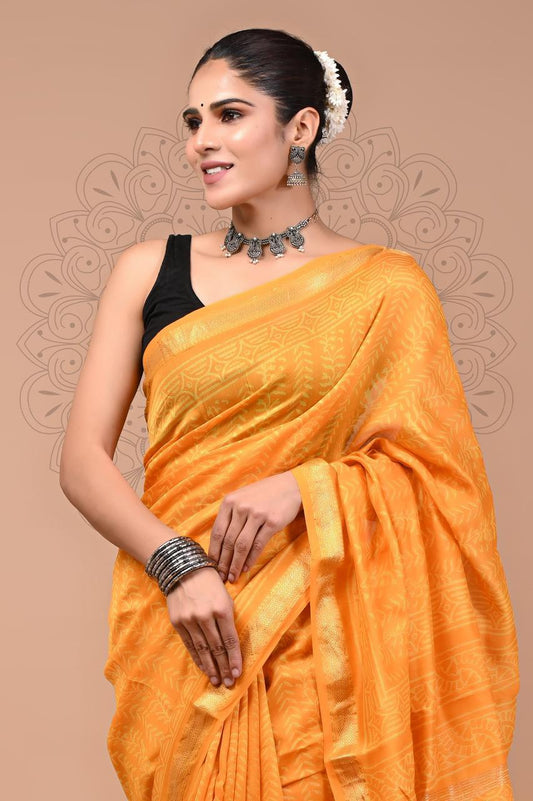 Exclusive Hand Block Printed Maheshwari Silk Saree (SWSRMAH01)