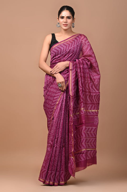 Premium Hand Block Printed Chanderi Silk Saree (SWSRCHACH28)