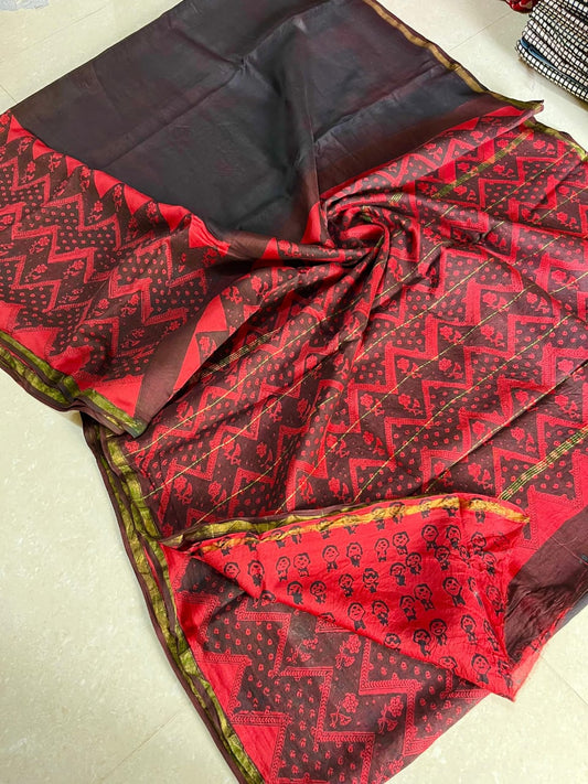 Premium Hand Block Printed Chanderi Silk Saree 35