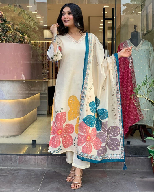 Launching Summer Cool, Comfortable And Attractive Softest Muslin Suit Set Which Is Beautifully Decorated With Hand Embroidery And Thread Work. It Is Paired With Matching Pants And Dupatta(SWRED18)