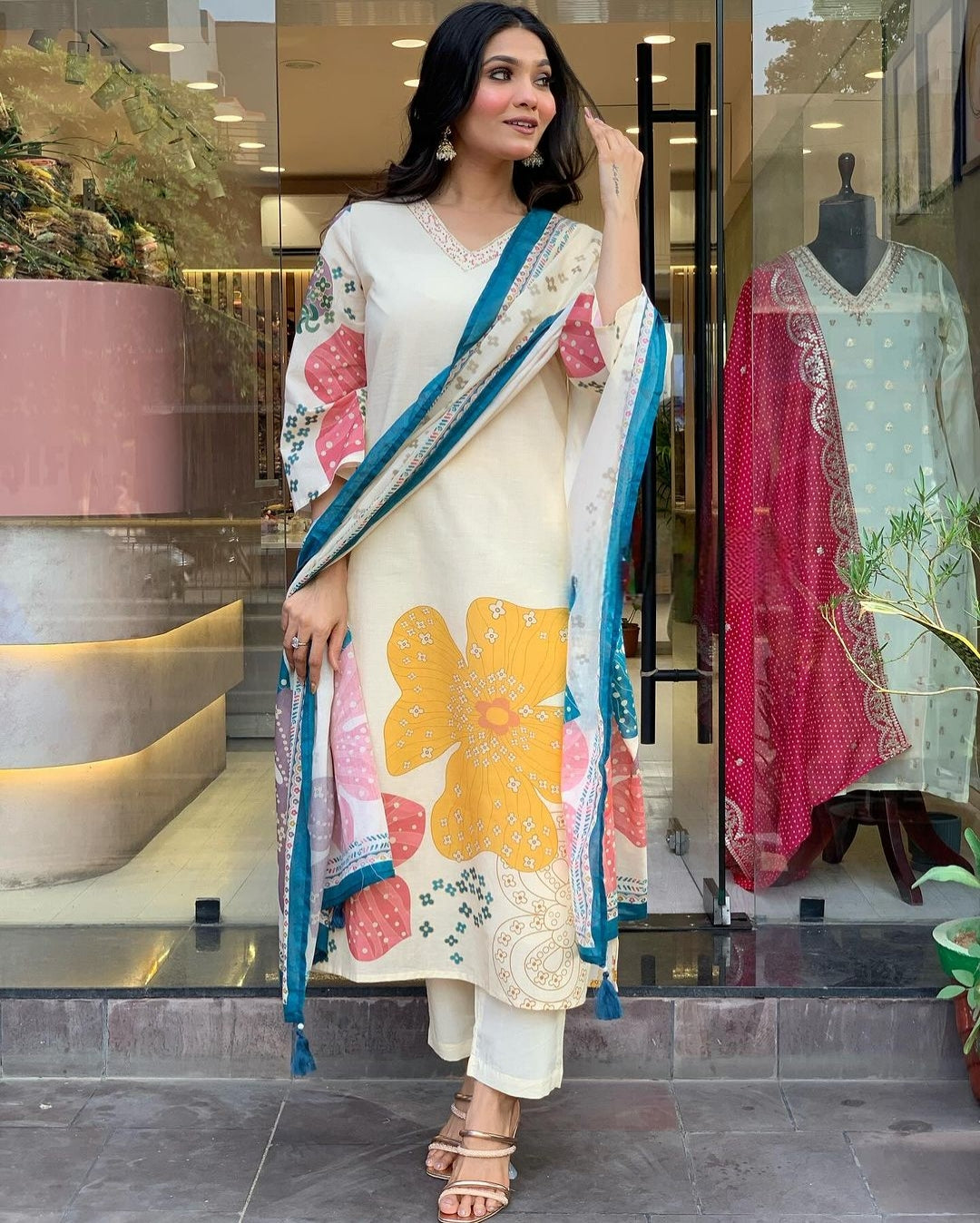 Launching Summer Cool, Comfortable And Attractive Softest Muslin Suit Set Which Is Beautifully Decorated With Hand Embroidery And Thread Work. It Is Paired With Matching Pants And Dupatta(SWRED18)