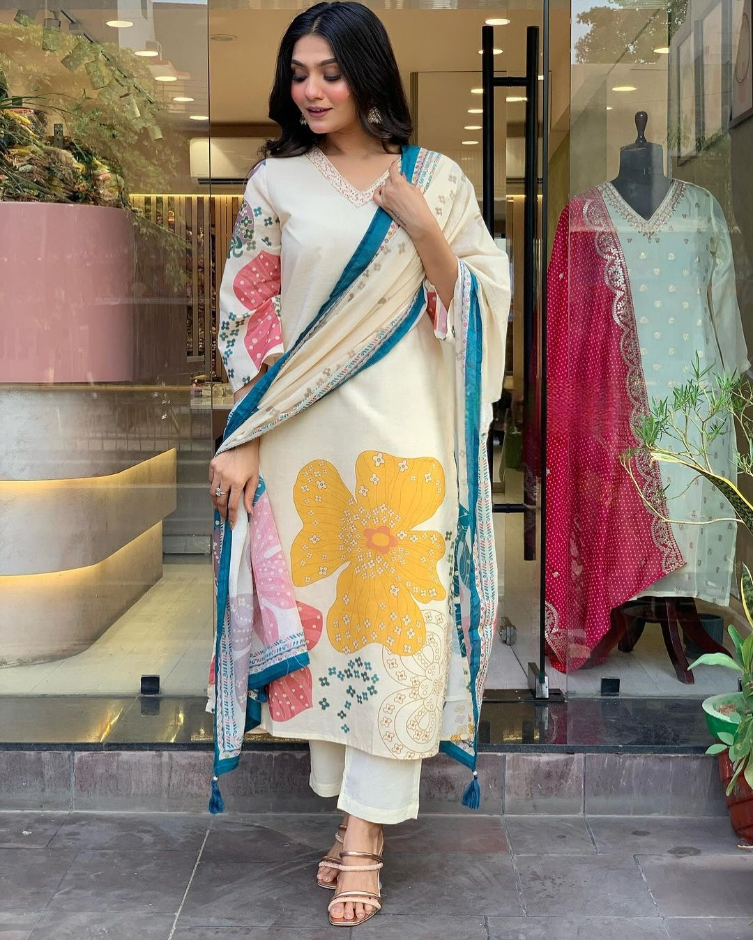 Launching Summer Cool, Comfortable And Attractive Softest Muslin Suit Set Which Is Beautifully Decorated With Hand Embroidery And Thread Work. It Is Paired With Matching Pants And Dupatta(SWRED18)