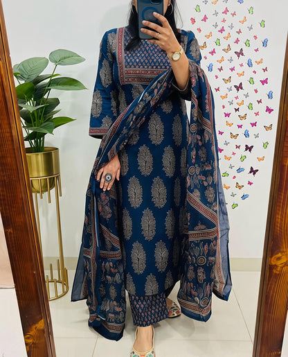 New Ajrakh Print Straight Kurta 3 pcs set with new style(SWSK42)