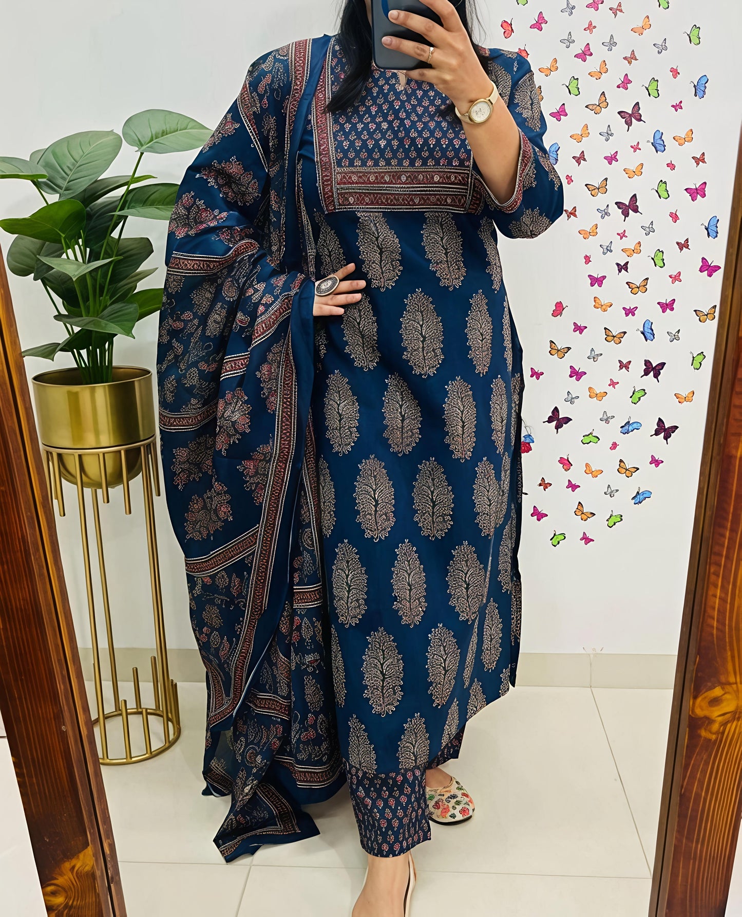 New Ajrakh Print Straight Kurta 3 pcs set with new style(SWSK42)