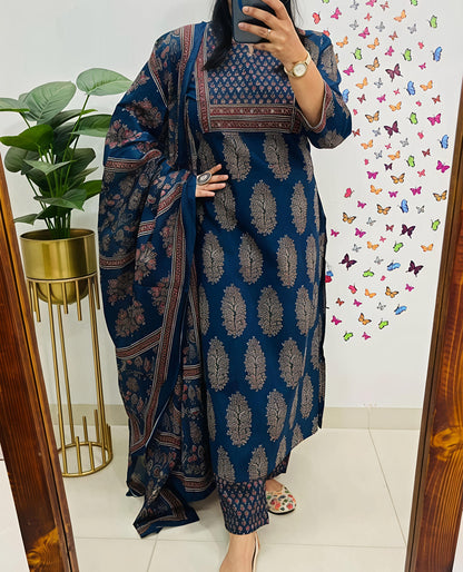 New Ajrakh Print Straight Kurta 3 pcs set with new style(SWSK42)