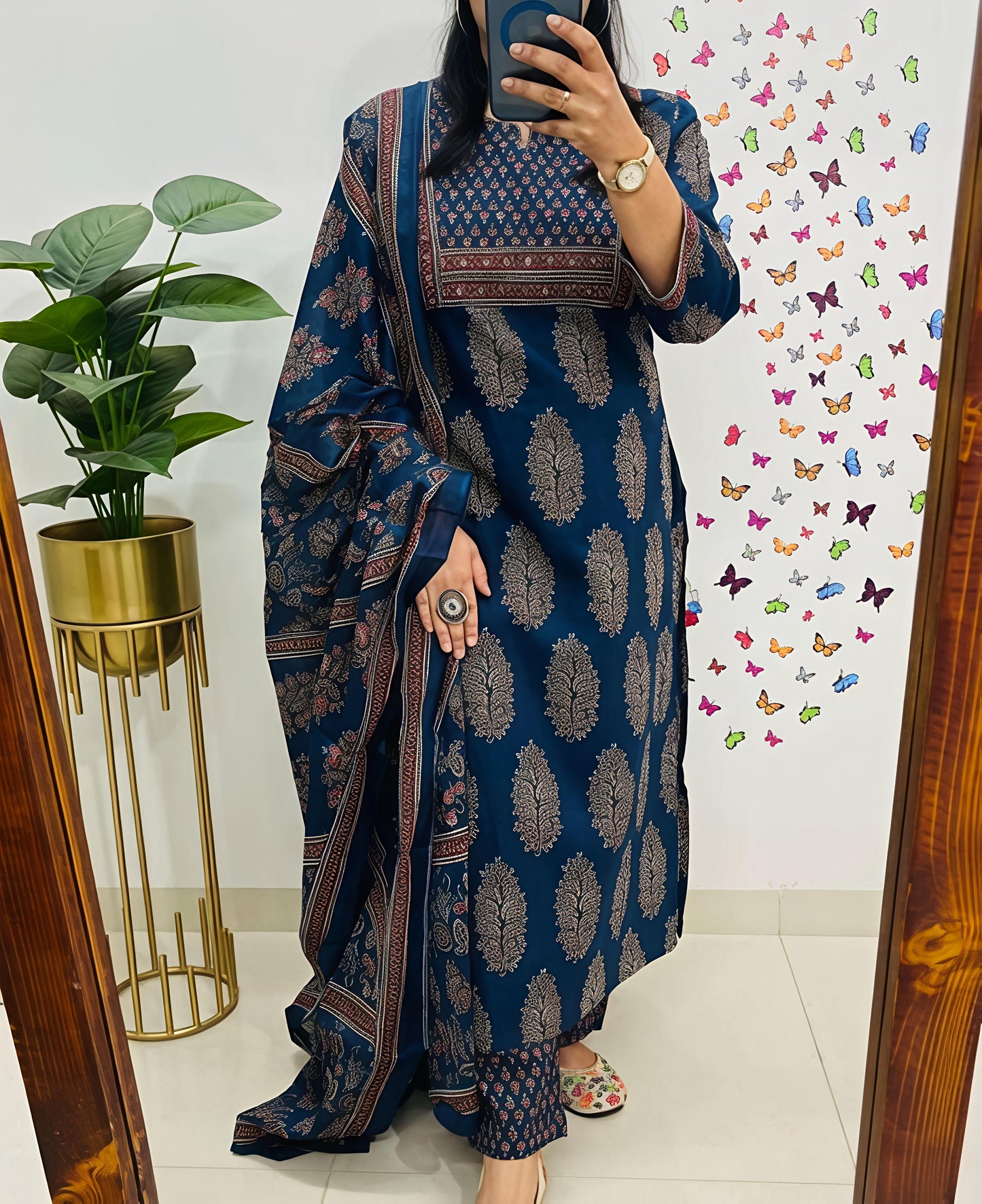 New Ajrakh Print Straight Kurta 3 pcs set with new style(SWSK42)