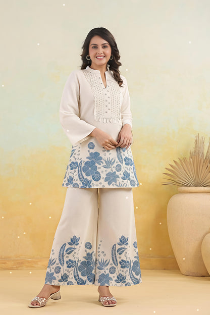 Elegant Off-White Printed Kurta Set with Wide-Leg Palazzo (SWSK48)