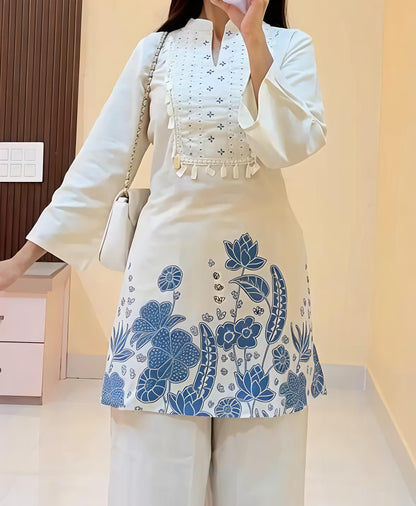 Elegant Off-White Printed Kurta Set with Wide-Leg Palazzo (SWSK48)