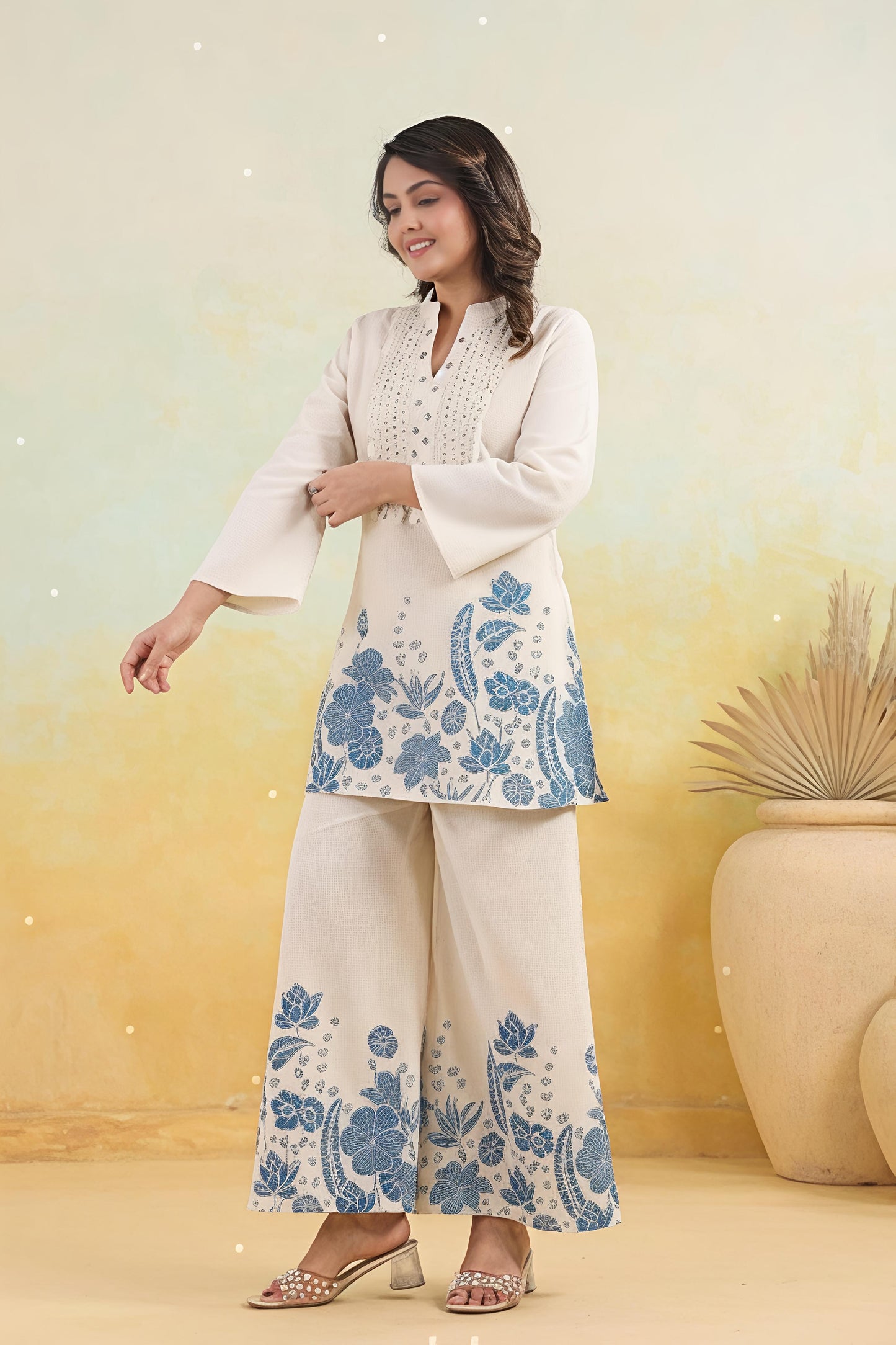 Elegant Off-White Printed Kurta Set with Wide-Leg Palazzo (SWSK48)