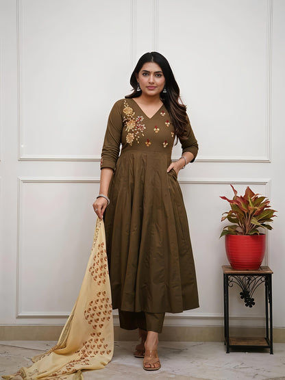Elegant Olive Green Embroidered Anarkali Kurta Set with Printed Dupatta (SWSK47)