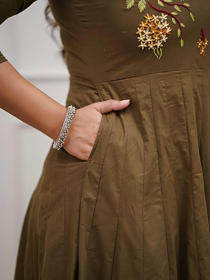 Elegant Olive Green Embroidered Anarkali Kurta Set with Printed Dupatta (SWSK47)