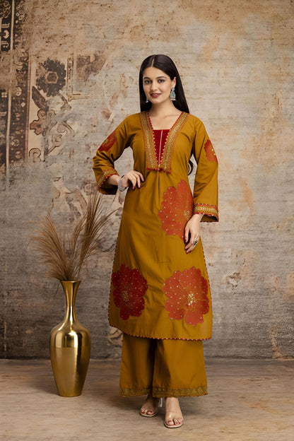 Mustard Yellow Floral Printed Kurta Palazzo Set with Dupatta (RD32)