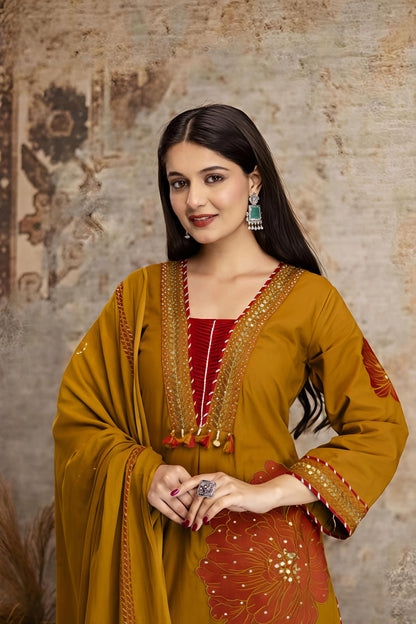 Mustard Yellow Floral Printed Kurta Palazzo Set with Dupatta (RD32)